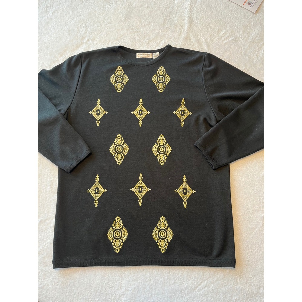 Liz Claiborne Collection Black Long Sleeve‎ Sweater Top Gold Embellishment M